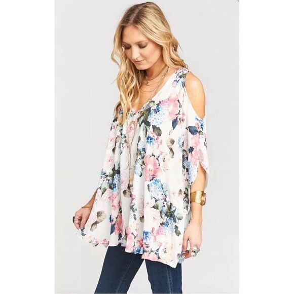 Show Me Your Mumu Cold Shoulder Oversized Tunic White Floral Women’s Size XS NWT - Picture 10 of 11